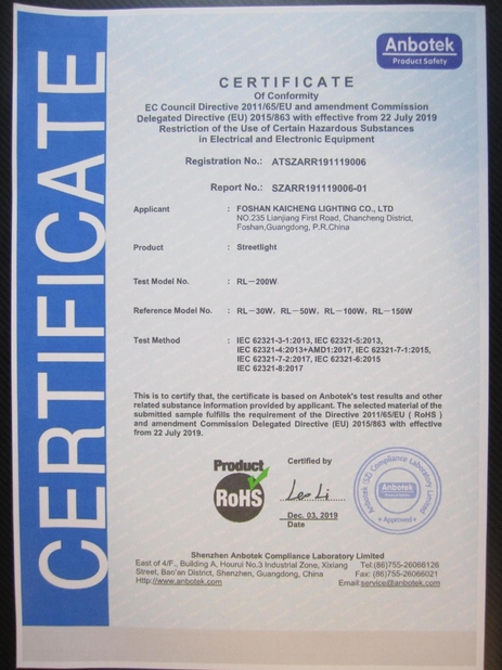 Porcellana Foshan Kaicheng Lighting Co., Ltd. Certificazioni